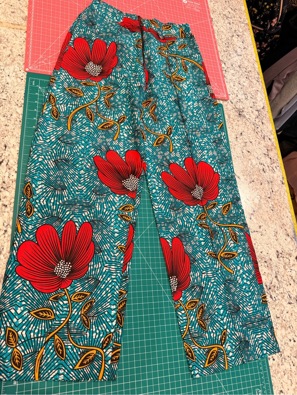 Boho Wide-Leg Floral Pants - Teal with Red Floral - Picture 5 of 9